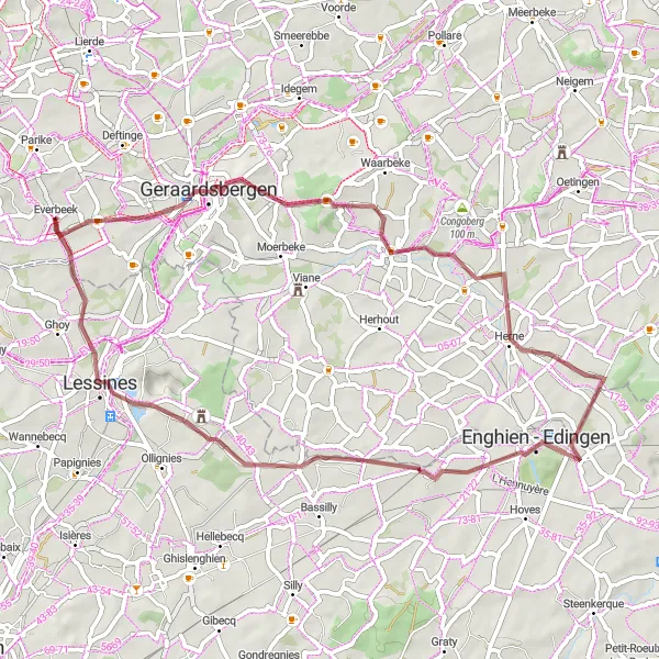 Miniature de la carte de l'inspiration cycliste "Aventure gravel à Bosberg et Bois-de-Lessines" dans la Prov. Oost-Vlaanderen, Belgium. Générée par le planificateur d'itinéraire cycliste Tarmacs.app