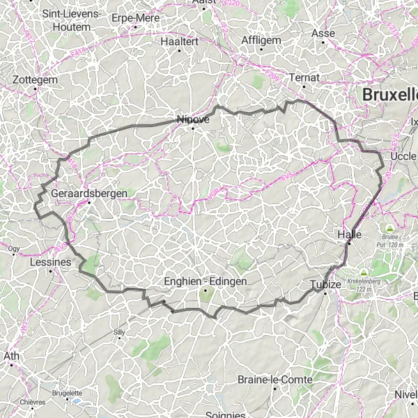 Karten-Miniaturansicht der Radinspiration "Road-Bike-Abenteuer von Everbeek nach Tubize" in Prov. Oost-Vlaanderen, Belgium. Erstellt vom Tarmacs.app-Routenplaner für Radtouren
