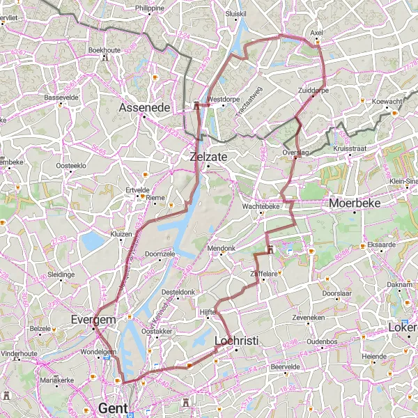 Miniatuurkaart van de fietsinspiratie "Grindwegen van Evergem en omgeving" in Prov. Oost-Vlaanderen, Belgium. Gemaakt door de Tarmacs.app fietsrouteplanner