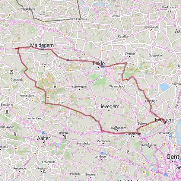 Miniatuurkaart van de fietsinspiratie "Gravelavontuur door Oost-Vlaanderen" in Prov. Oost-Vlaanderen, Belgium. Gemaakt door de Tarmacs.app fietsrouteplanner