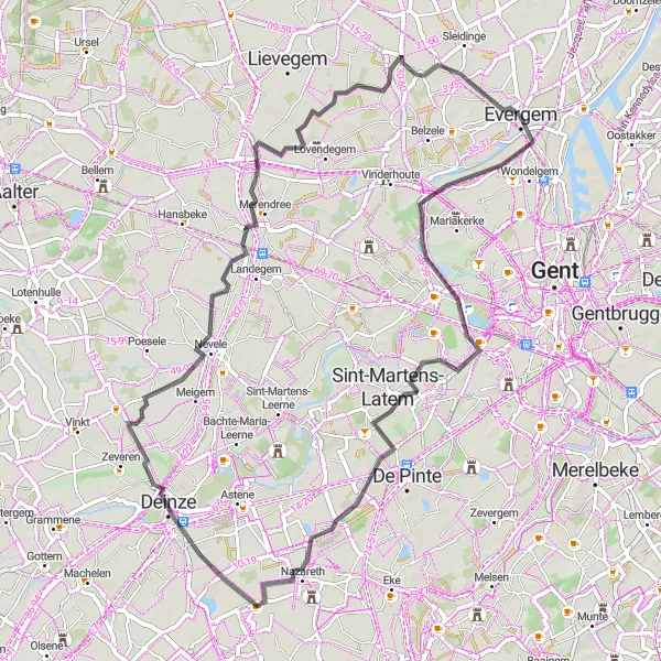 Karten-Miniaturansicht der Radinspiration "Rundfahrt über Merendree und Drongen" in Prov. Oost-Vlaanderen, Belgium. Erstellt vom Tarmacs.app-Routenplaner für Radtouren