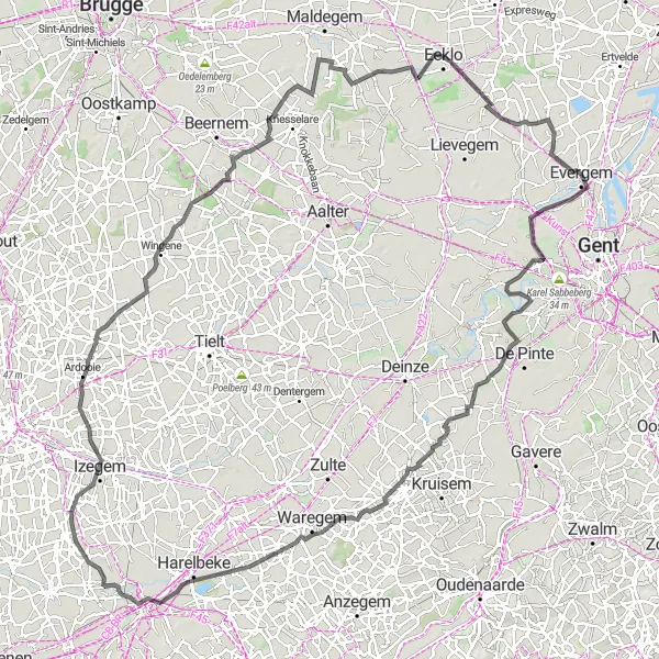 Map miniature of "Challenging Adventure Ride" cycling inspiration in Prov. Oost-Vlaanderen, Belgium. Generated by Tarmacs.app cycling route planner