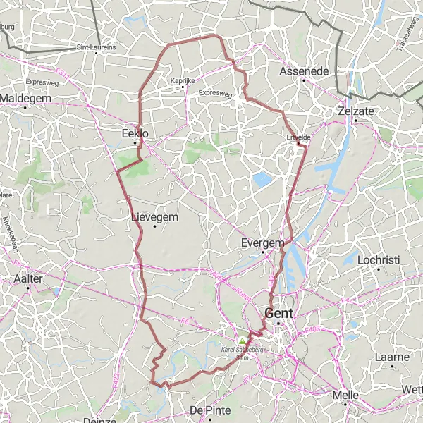 Miniature de la carte de l'inspiration cycliste "Parcours Gravel près de Gand" dans la Prov. Oost-Vlaanderen, Belgium. Générée par le planificateur d'itinéraire cycliste Tarmacs.app