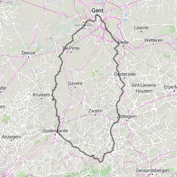 Miniatuurkaart van de fietsinspiratie "Wegroute rond Gent" in Prov. Oost-Vlaanderen, Belgium. Gemaakt door de Tarmacs.app fietsrouteplanner