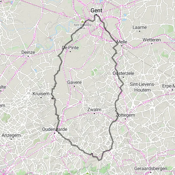 Karten-Miniaturansicht der Radinspiration "Herausforderung der Anstiege: Moortsele - Edelareberg - Kasteel Borluut" in Prov. Oost-Vlaanderen, Belgium. Erstellt vom Tarmacs.app-Routenplaner für Radtouren