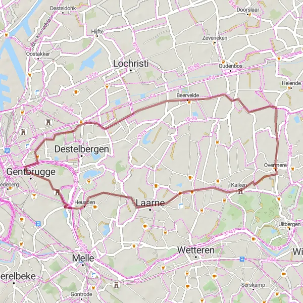 Map miniature of "Gentbrugge to Kasteel Coninxdonck Gravel Route" cycling inspiration in Prov. Oost-Vlaanderen, Belgium. Generated by Tarmacs.app cycling route planner