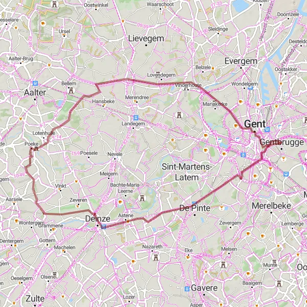 Map miniature of "Gravel Route: Gentbrugge to Ghent" cycling inspiration in Prov. Oost-Vlaanderen, Belgium. Generated by Tarmacs.app cycling route planner