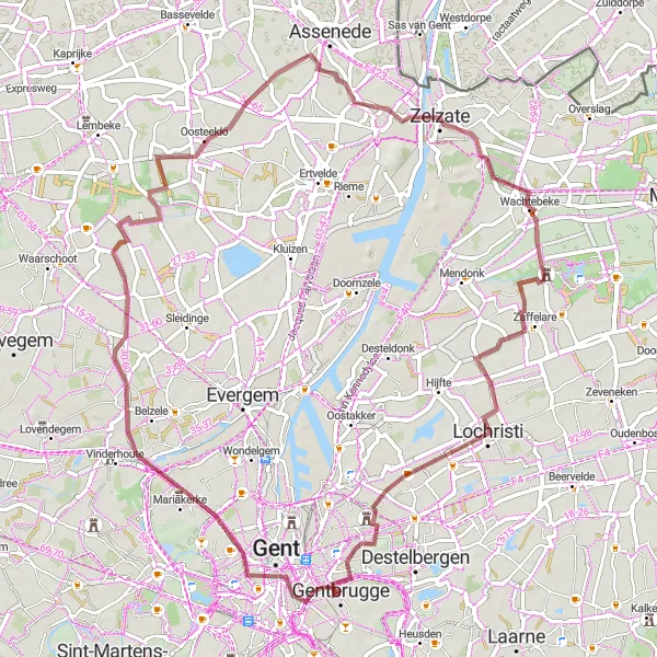 Map miniature of "Gentbrugge to Carelshof Gravel Route" cycling inspiration in Prov. Oost-Vlaanderen, Belgium. Generated by Tarmacs.app cycling route planner