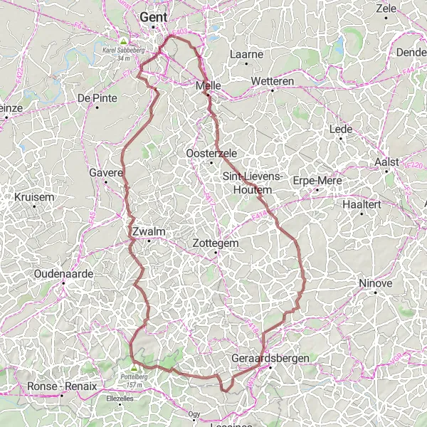 Miniatuurkaart van de fietsinspiratie "Avontuurlijke gravelrit van Gentbrugge naar Haaghoek" in Prov. Oost-Vlaanderen, Belgium. Gemaakt door de Tarmacs.app fietsrouteplanner