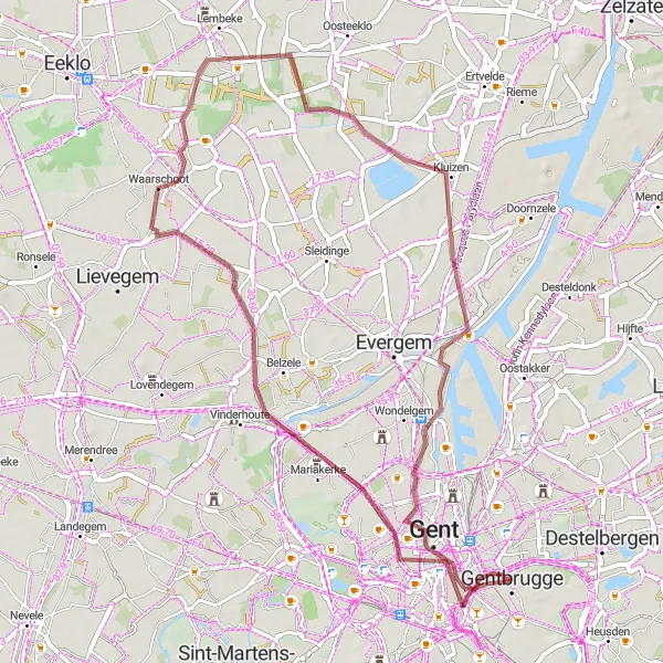 Miniatuurkaart van de fietsinspiratie "Gravelroute Gentbrugge - Geeraard de Duivelsteen" in Prov. Oost-Vlaanderen, Belgium. Gemaakt door de Tarmacs.app fietsrouteplanner