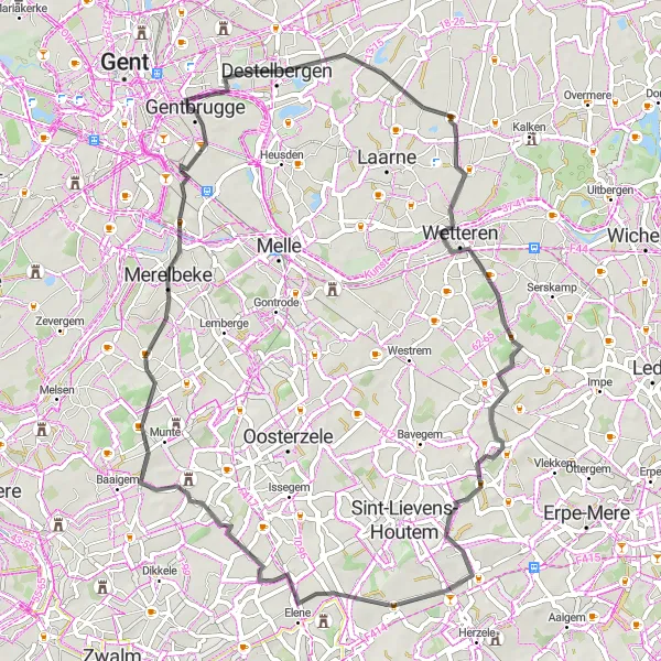 Map miniature of "Gentbrugge to Merelbeke Road Route" cycling inspiration in Prov. Oost-Vlaanderen, Belgium. Generated by Tarmacs.app cycling route planner