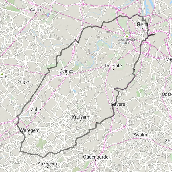 Map miniature of "Gentbrugge to St Bavo’s Abbey Road Route" cycling inspiration in Prov. Oost-Vlaanderen, Belgium. Generated by Tarmacs.app cycling route planner
