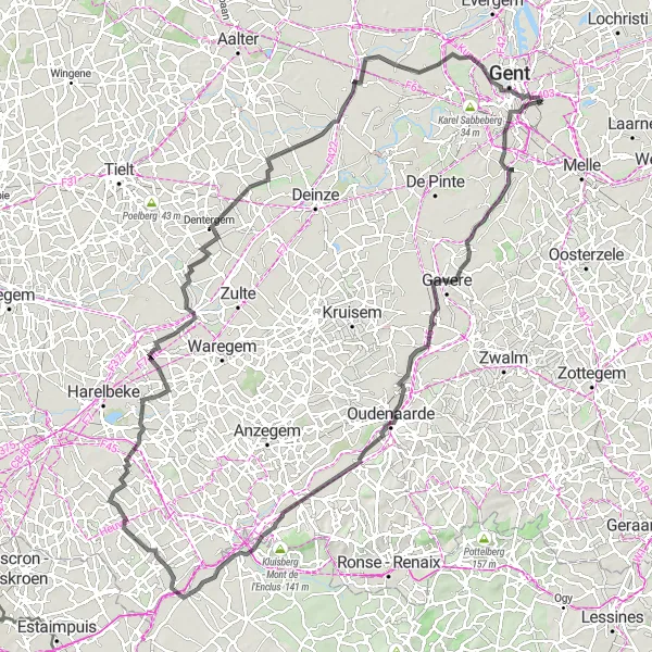 Map miniature of "Road Route: Gentbrugge to Deerlijk" cycling inspiration in Prov. Oost-Vlaanderen, Belgium. Generated by Tarmacs.app cycling route planner