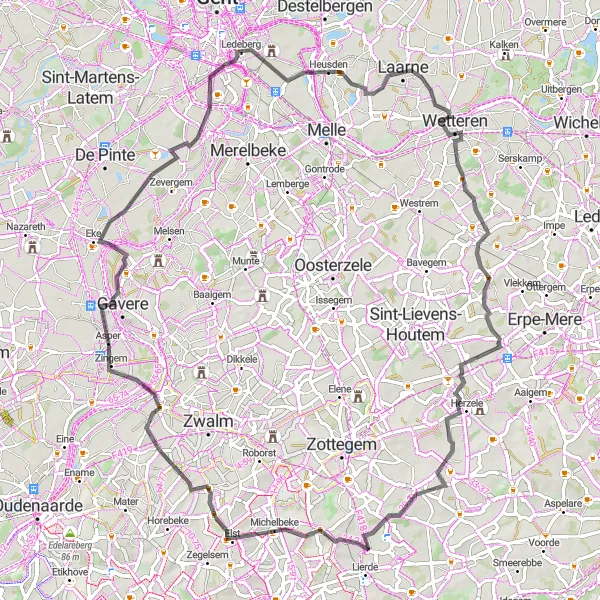 Miniature de la carte de l'inspiration cycliste "Parcours des Collines Flamandes" dans la Prov. Oost-Vlaanderen, Belgium. Générée par le planificateur d'itinéraire cycliste Tarmacs.app