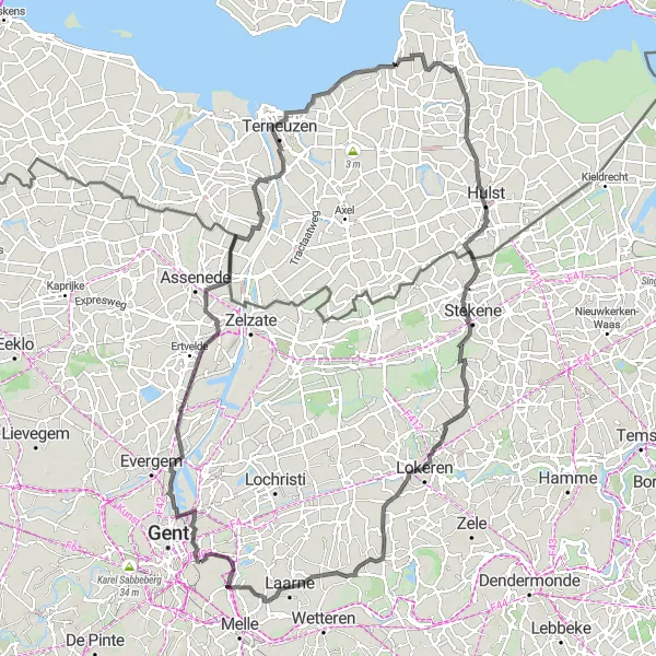 Miniature de la carte de l'inspiration cycliste "Parcours des Polders et des Châteaux" dans la Prov. Oost-Vlaanderen, Belgium. Générée par le planificateur d'itinéraire cycliste Tarmacs.app