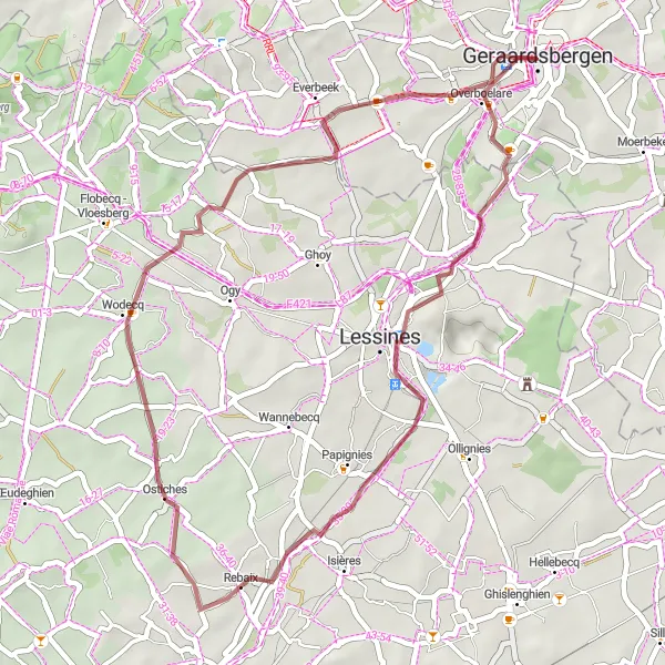 Map miniature of "Gravel Adventure in Geraardsbergen" cycling inspiration in Prov. Oost-Vlaanderen, Belgium. Generated by Tarmacs.app cycling route planner