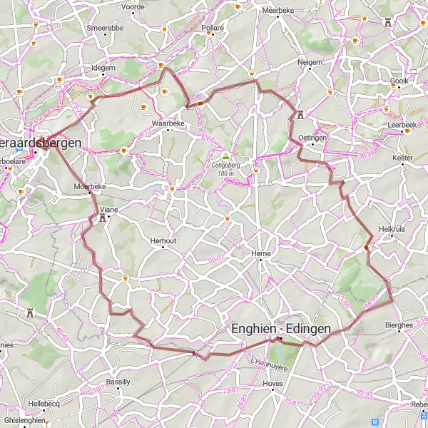 Map miniature of "Geraardsbergen Gravel Adventure" cycling inspiration in Prov. Oost-Vlaanderen, Belgium. Generated by Tarmacs.app cycling route planner