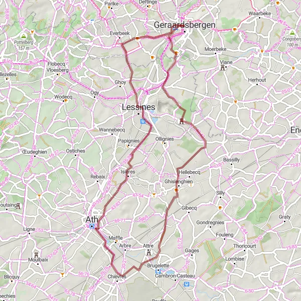 Map miniature of "Gravel Adventure around Geraardsbergen" cycling inspiration in Prov. Oost-Vlaanderen, Belgium. Generated by Tarmacs.app cycling route planner