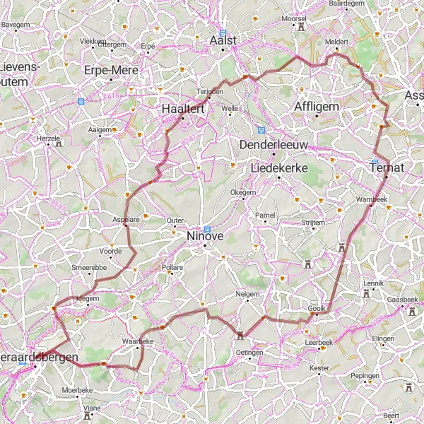 Miniatuurkaart van de fietsinspiratie "Bosrijke Graveltocht Geraardsbergen" in Prov. Oost-Vlaanderen, Belgium. Gemaakt door de Tarmacs.app fietsrouteplanner