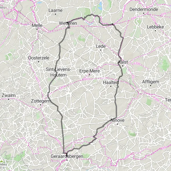 Miniatuurkaart van de fietsinspiratie "Kasseistroken en Bosrijke Bergen" in Prov. Oost-Vlaanderen, Belgium. Gemaakt door de Tarmacs.app fietsrouteplanner