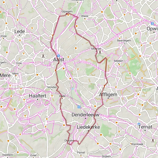 Miniatuurkaart van de fietsinspiratie "Moorsel en Aalst Gravelroute" in Prov. Oost-Vlaanderen, Belgium. Gemaakt door de Tarmacs.app fietsrouteplanner