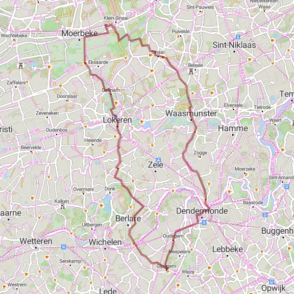 Map miniature of "Gijzegem - Gijzegem Gravel Loop" cycling inspiration in Prov. Oost-Vlaanderen, Belgium. Generated by Tarmacs.app cycling route planner