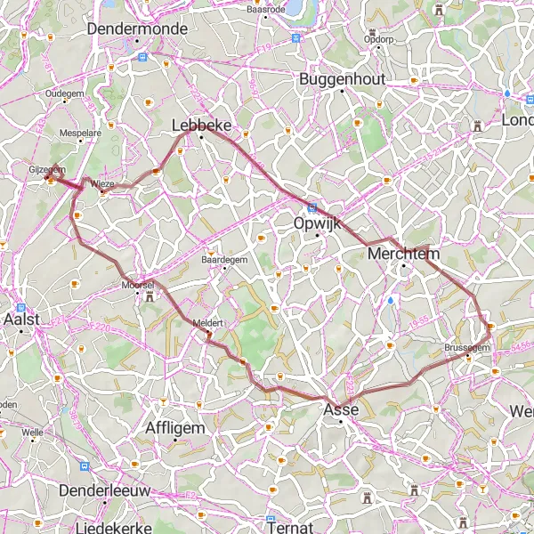 Map miniature of "Meldert to Gijzegem Loop" cycling inspiration in Prov. Oost-Vlaanderen, Belgium. Generated by Tarmacs.app cycling route planner