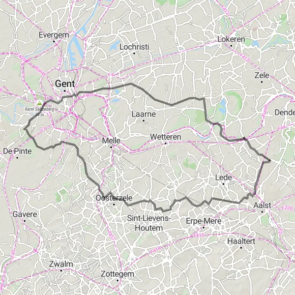 Map miniature of "Gijzegem - Erondegem Loop" cycling inspiration in Prov. Oost-Vlaanderen, Belgium. Generated by Tarmacs.app cycling route planner