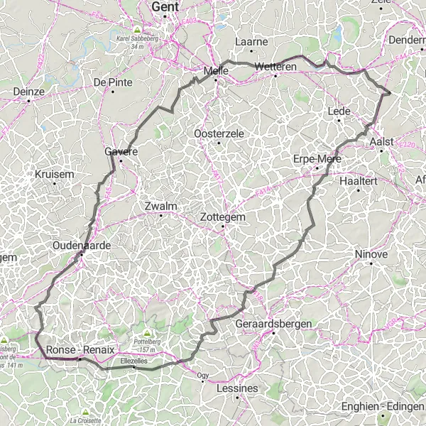 Miniatuurkaart van de fietsinspiratie "Erpe en Paterberg Wielrenroute" in Prov. Oost-Vlaanderen, Belgium. Gemaakt door de Tarmacs.app fietsrouteplanner
