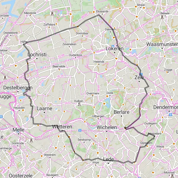 Miniatuurkaart van de fietsinspiratie "Van Gijzegem naar Schoonaarde" in Prov. Oost-Vlaanderen, Belgium. Gemaakt door de Tarmacs.app fietsrouteplanner