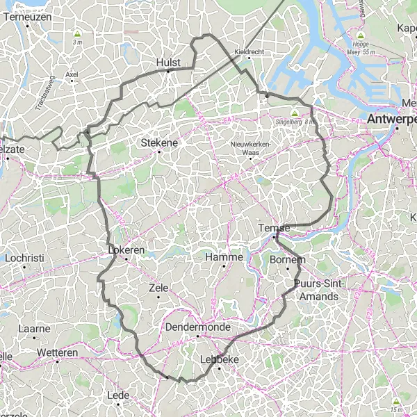 Map miniature of "Gijzegem - Berlare Loop" cycling inspiration in Prov. Oost-Vlaanderen, Belgium. Generated by Tarmacs.app cycling route planner