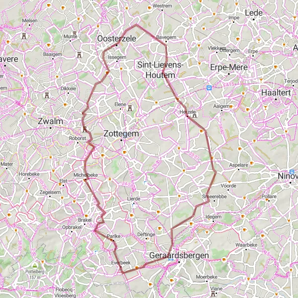 Miniatuurkaart van de fietsinspiratie "Goeferdinge - Sint-Antelinks Gravelroute" in Prov. Oost-Vlaanderen, Belgium. Gemaakt door de Tarmacs.app fietsrouteplanner