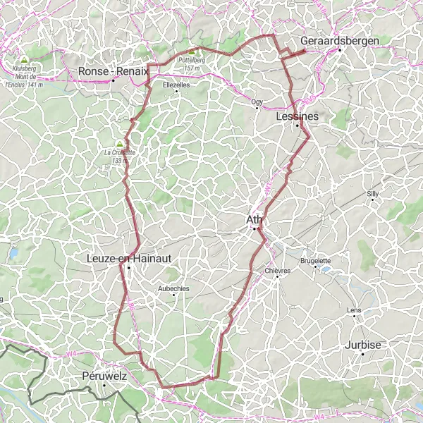 Map miniature of "Lessines - Everbeek Gravel Adventure" cycling inspiration in Prov. Oost-Vlaanderen, Belgium. Generated by Tarmacs.app cycling route planner