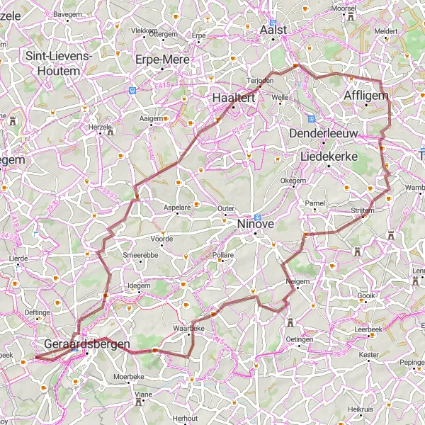 Miniatuurkaart van de fietsinspiratie "Gravelroute Goeferdinge - Geraardsbergen" in Prov. Oost-Vlaanderen, Belgium. Gemaakt door de Tarmacs.app fietsrouteplanner