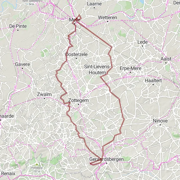 Map miniature of "Gravel Adventure in Flanders" cycling inspiration in Prov. Oost-Vlaanderen, Belgium. Generated by Tarmacs.app cycling route planner