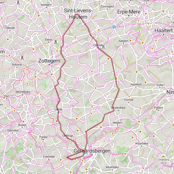 Miniatuurkaart van de fietsinspiratie "Gravelroute Goeferdinge - Bridge" in Prov. Oost-Vlaanderen, Belgium. Gemaakt door de Tarmacs.app fietsrouteplanner