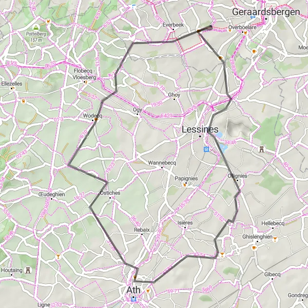 Miniature de la carte de l'inspiration cycliste "Escapade champêtre autour de Goeferdinge" dans la Prov. Oost-Vlaanderen, Belgium. Générée par le planificateur d'itinéraire cycliste Tarmacs.app