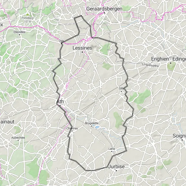 Map miniature of "Akrenbos - Zarlardinge Road Loop" cycling inspiration in Prov. Oost-Vlaanderen, Belgium. Generated by Tarmacs.app cycling route planner