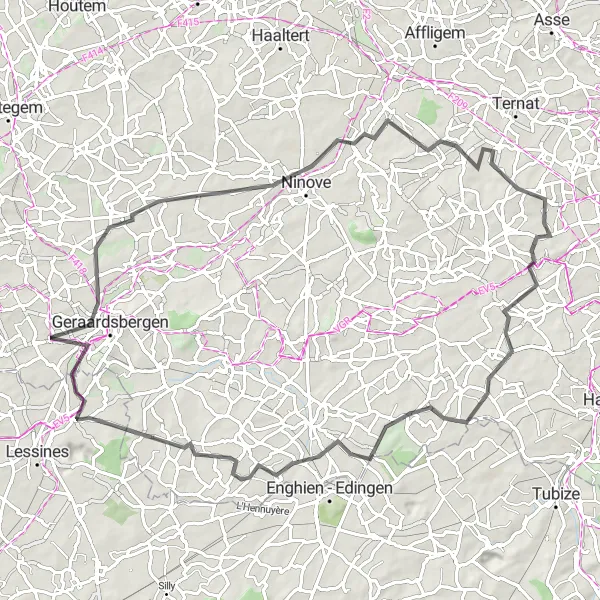 Miniature de la carte de l'inspiration cycliste "Circuit des collines flamandes" dans la Prov. Oost-Vlaanderen, Belgium. Générée par le planificateur d'itinéraire cycliste Tarmacs.app