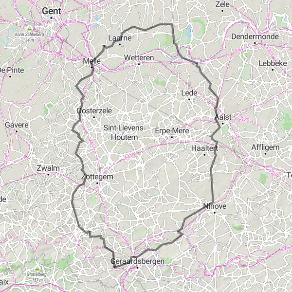 Miniature de la carte de l'inspiration cycliste "Parcours des rives de l'Escaut" dans la Prov. Oost-Vlaanderen, Belgium. Générée par le planificateur d'itinéraire cycliste Tarmacs.app