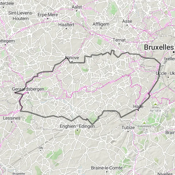 Map miniature of "Geraardsbergen Challenge" cycling inspiration in Prov. Oost-Vlaanderen, Belgium. Generated by Tarmacs.app cycling route planner