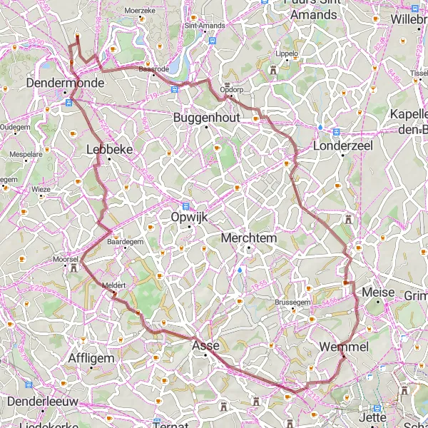 Miniature de la carte de l'inspiration cycliste "Circuit autour de Grembergen" dans la Prov. Oost-Vlaanderen, Belgium. Générée par le planificateur d'itinéraire cycliste Tarmacs.app