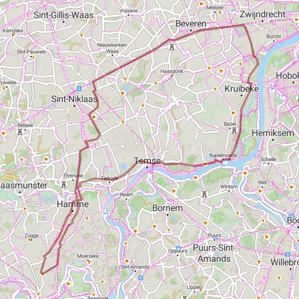 Miniature de la carte de l'inspiration cycliste "Itinéraire à travers les rives" dans la Prov. Oost-Vlaanderen, Belgium. Générée par le planificateur d'itinéraire cycliste Tarmacs.app
