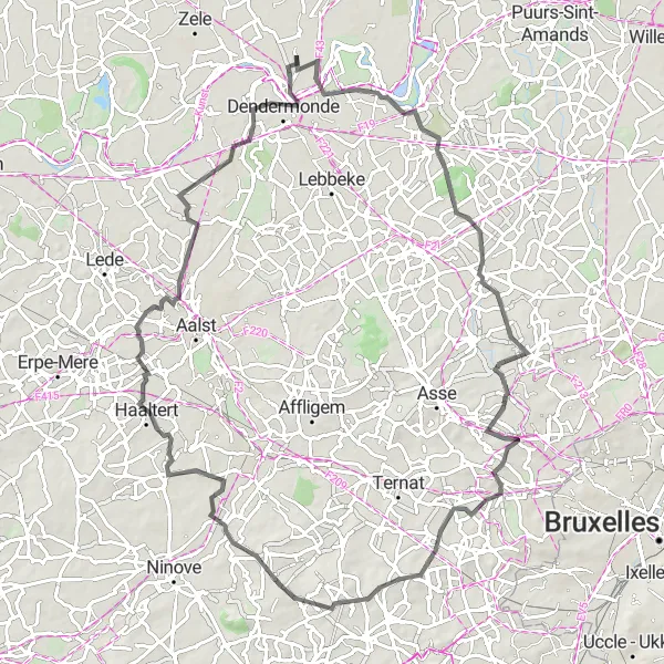 Map miniature of "Hills and Valleys" cycling inspiration in Prov. Oost-Vlaanderen, Belgium. Generated by Tarmacs.app cycling route planner