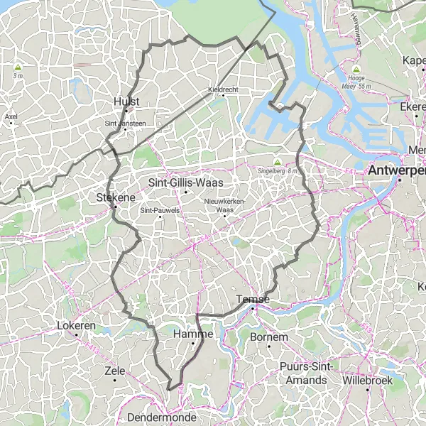 Miniature de la carte de l'inspiration cycliste "Exploration côtière de la province" dans la Prov. Oost-Vlaanderen, Belgium. Générée par le planificateur d'itinéraire cycliste Tarmacs.app