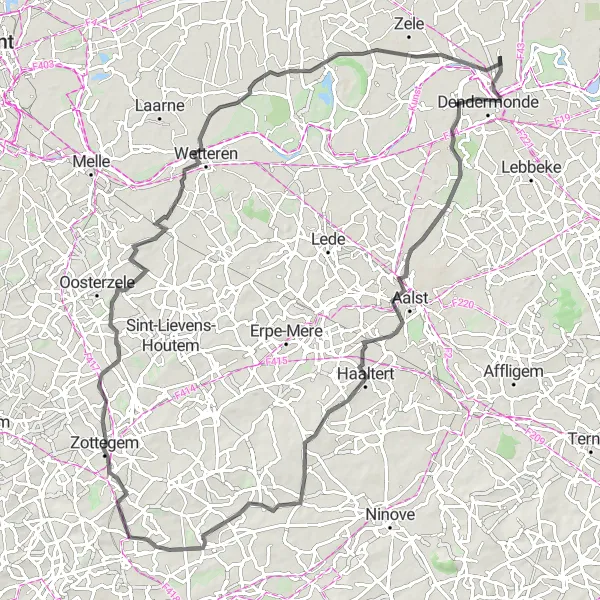 Miniature de la carte de l'inspiration cycliste "Tour épique à travers les Flandres" dans la Prov. Oost-Vlaanderen, Belgium. Générée par le planificateur d'itinéraire cycliste Tarmacs.app
