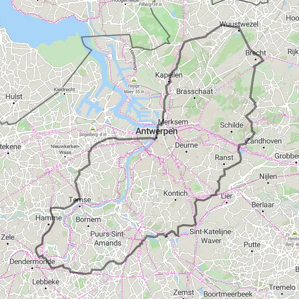 Miniatuurkaart van de fietsinspiratie "Wegroute door Oost-Vlaanderen en Antwerpen" in Prov. Oost-Vlaanderen, Belgium. Gemaakt door de Tarmacs.app fietsrouteplanner