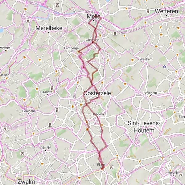 Map miniature of "Gontrode and Castle of Leeuwergem Gravel Ride" cycling inspiration in Prov. Oost-Vlaanderen, Belgium. Generated by Tarmacs.app cycling route planner