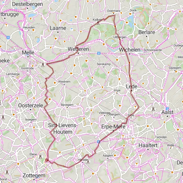 Map miniature of "Gravel Route from Grotenberge to Ressegem" cycling inspiration in Prov. Oost-Vlaanderen, Belgium. Generated by Tarmacs.app cycling route planner