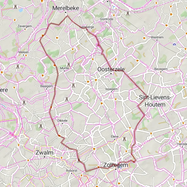 Map miniature of "Gravel Route from Grotenberge to Oombergen" cycling inspiration in Prov. Oost-Vlaanderen, Belgium. Generated by Tarmacs.app cycling route planner